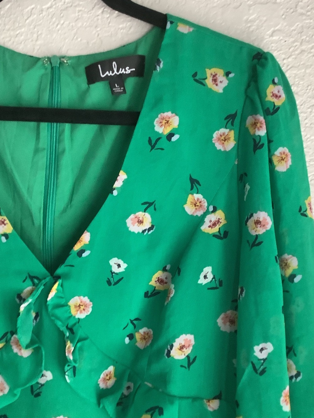 Lulu's Emerald Green Floral V-Neck Ruffle Shift Dress - Picture 3 of 9